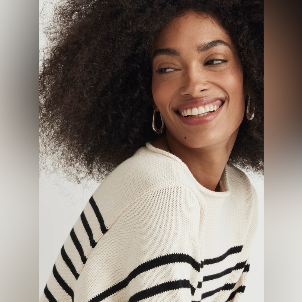 Madewell Rolled-Neck Cream and Black Striped Boatneck Sweater Medium EUC - Picture 5 of 11
